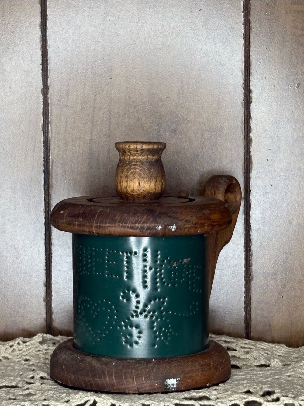 Rustic Wooden Spool Candle Holder with Teal Tin Accent